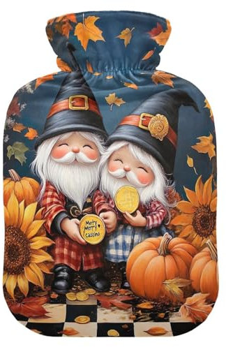 Wärmflaschen mit Zwergen mit Kürbis, mit weichem Bezug, Bett-, Hand-, Fußwärmer, Wintergeschenk, Wärmbeutel zur Schmerzlinderung, 2 Liter