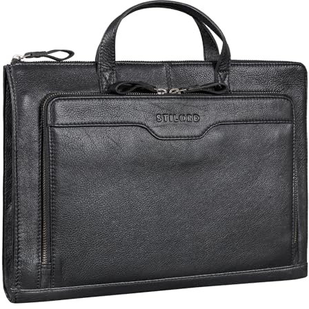 STILORD 'Silvano' Porte Document professionnel en Cuir Sacoche Vintage 13,3 pouces sac ordinateur homme femme cuir zippé porte documents a4 conferencier, Couleur:noir