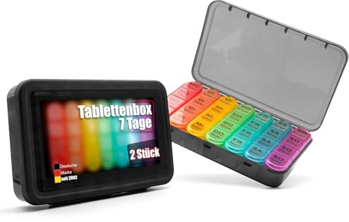 BigDean 2 Stück Tablettenbox 7 Tage luftdicht & lebensmittelecht – Medikamentenbox Morgens, Mittags, Abends & Nacht – im Regenbogen Design