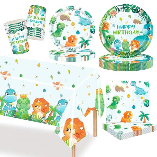 MORAINJAY 97Pcs Dinosaur Decorations & Tableware Set, Kids Birthday Party Supplies (24 Guests)