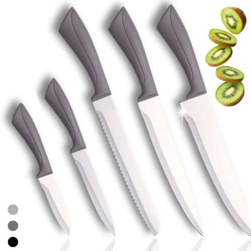 ZUNOVI Juego de Cuchillos Cocina, Set de 5 Cuchillos de Acero Inoxidable con Mango Ergonómico | Utensilios de Cocina para Carne, Vegetales, Frutas y Pan | Accesorios cocina (Gris Oscuro)