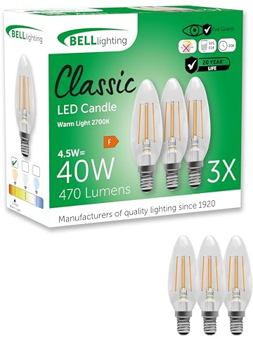 BELL Lighting E14 Non-Dimmable LED Filament Candle Bulbs 4.5W 470lm 3 Pack | Non-dimmable E14 SES LED filament candle bulbs with 2700K warm white light, 470lm output and 40W equivalent brightness.
