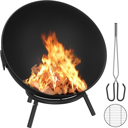 Suusolny Feuerschale 62 cm Feuerschalen für den Garten, Terrasse & Balkon Feuerkorb Camping aus Stahl Feuerstelle Outdoor mit Dreibein Gestell Feuertonne Flexibel Einstellbarer für Lagerfeuer Schwarz