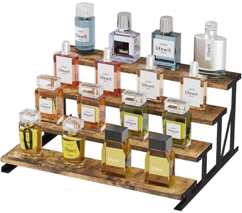 Lifewit 4 Tier Parfüm Organizer Holz mit Metallregal, 35,3cm Vintage Braun | Parfüm Regal für Schminktisch, Aufsteller Organizer für Figur Cupcake Buffet Dessert Nagellack Gewürz Kosmetik Kunsthandwerk