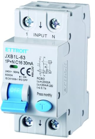 230V 16A C16, INTERRUTTORE MAGNETOTERMICO DIFFERENZIALE SALVAVITA, 1P+N, MONTAGGIO SU BARRA DIN, 2 MODULI, 30mA, 6KA 6000A, RCBO, 240VAC, classe A