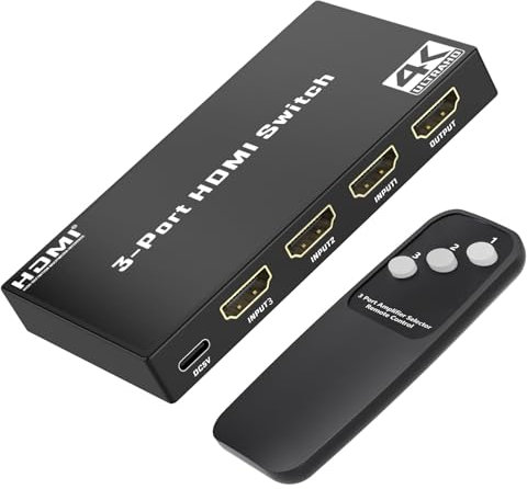 Ticenpe Switch HDMI 4K@30Hz, Conmutador HDMI 3 Entradas a 1 Salida con Control Remoto, Caja selector hdmi de 3 Puertos Compatible con HDCP 1.4 HDR 3D, Compatible con PS5/4 Xbox Apple TV