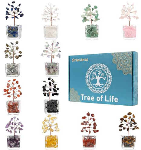Orientrea Confezione da 12 mini alberi di cristallo, cristalli naturali fatti a mano, albero della vita a 7 chakra per Feng Shui, energia positiva, regalo per donne, decorazione per casa e ufficio