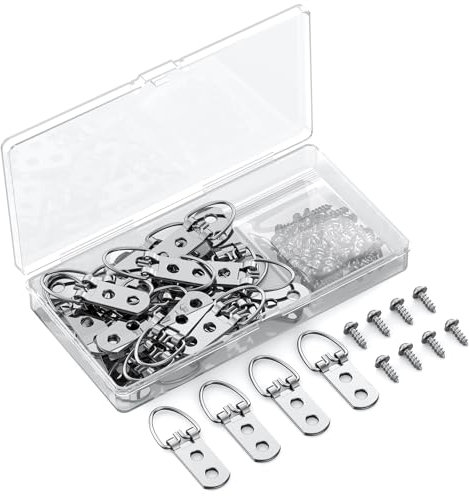 Uniclife 30 Pezzi Ganci a D per Quadri con Viti Accessori Resistente per Appendere fino a 18 KG Ganci a Doppio Foro Anelli a D per Cornici Quadri Specchi Orologi