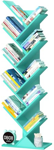 LELELINKY Kleines, schmales Bücherregal in Baumform, 10 Ablagen, Grün | 34 × 20 × 110 cm, Kompaktes Standregal, für Bücher, CDs und Zeitschriften, für Wohnzimmer Schlafzimmer und Büro kleine Räume
