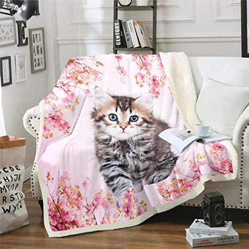 Homemissing Hübsche Katze Decke 150x200cm Mädchenhaftes Rosa Blumen Kuscheldecke für Kinder Liebevolle Haustierkatze Wohndecke 3D Tiermotiv für Sofa Bett Couch Kawaii Kätzchen