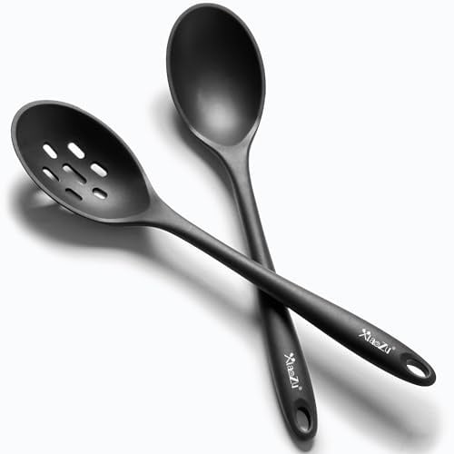 Silicone Spoons for Cooking - Large Kitchen Spoons for Mixing, Serving, & Stirring - 600°F Heat-Resistant Non Stick Utensils Ladle & Skimmer- Dishwasher Safe, Black