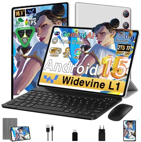 Tablet Android 15 10 Pulgadas 64GB ROM + 2TB TF, Gemini AI, Octa-Core 2.0Ghz, 1280*800 FHD IPS, Standby Extra Largo, 5G WiFi, Widevine L1, 5MP + 8MP, Face ID, GMS, tablet con teclado y raton, Plateado