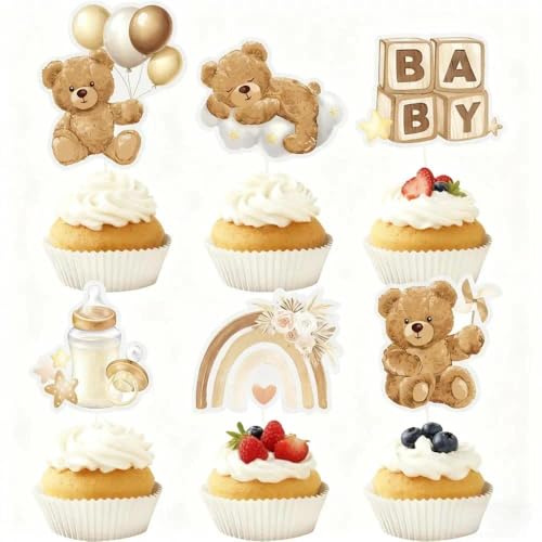 AYZDJ 24 Stück Cupcake-Topper Mit Braunem Bär, Für Babypartys, Bezaubernde Teddybär-Kuchendekorationen Für Geschlechtsoffenbarung, Babyparty Und Geburtstagsfeiern