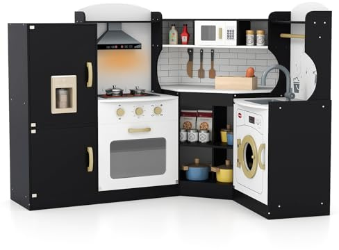 COSTWAY Kids Corner Play Kitchen, 9-in-1 Wooden Pretend Cooking Playset with Realistic Lights & Sounds, Accessory Utensils, Children's Chef Role Play Set for Boys Girls (Black)