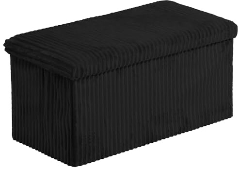HOMSMYTH Luxury Corduroy Stripe Ottoman Storage Box – Foldable Ottoman Storage Bench with Padded Seat – Multipurpose Footstool for Living Room, Hallway Bedroom, Velver Fabric, 76×38×38cm (Black)