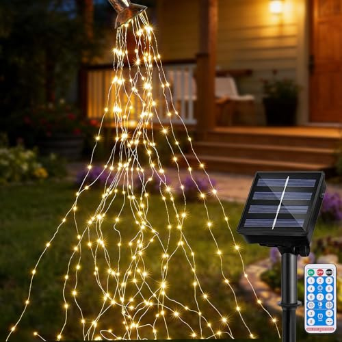 Taechalingo Lichterschweif 2M-200LED Lichterbündel,8 Modi Wasserfall Solar Lichterkette,Wasserdichte LED Lichterstrang,Kleine Solar LED Lichterkette,Timer,Fernbedienung, für Innen Außen Deko