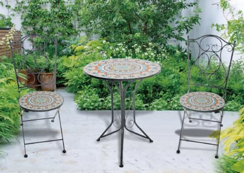 GH Bistro Set, 2 Chairs 1 Table, Ceramic Bespoke Tiled Bistro Set Mosaic for Patio| Balcony| Terrace English Country Style Gardens Weather Resistant| Folding | Creative Mosaic Designs (Bohemian)