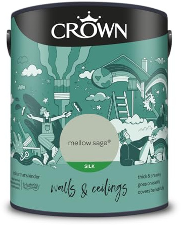 Crown Mellow Sage 5L Walls & Ceilings Silk Emulsion | Washable Mellow Sage light reflecting sheen. Wipeable on walls & ceilings. Ideal for halls, kitchens & bathrooms. Low VOC