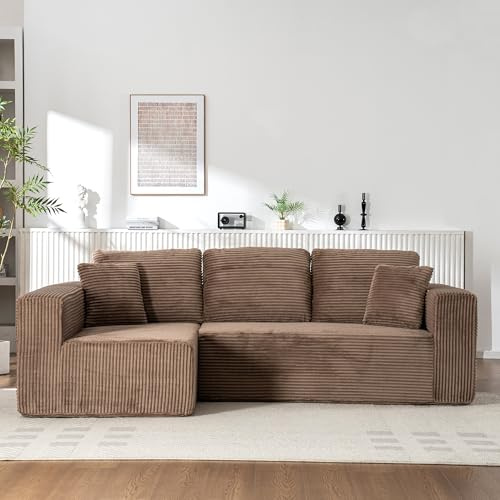 LIFEISLE Breites Sofa Liegesofa für Wohnzimmer, L-förmiges Couch ohne Montage erfordlich, Wolkensofa Ecksofa mit Schlaffunktion, Schaumstoff Sofa Chaiselounge, Cord Braun