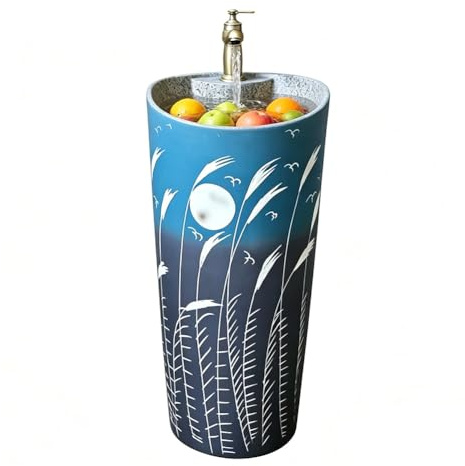 Sxlawesom Lavabo sur Colonne Rustique, Lavabo de Salle de Bain sur Colonne avec robinetterie Eau Chaude et Froide, Meuble-Vasque intégré en céramique