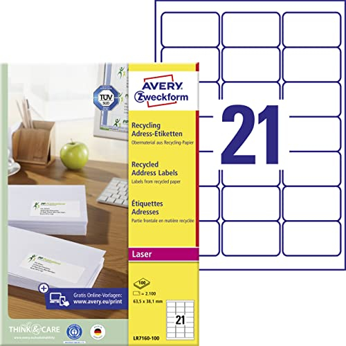 AVERY Zweckform LR7160-100 Recycling Etiketten (2.100 Adressaufkleber, 63,5x38,1mm auf A4, 100% recyceltes Altpapier, bedruckbar, selbstklebend, für DIN B6/C6 Briefkuverts) 100 Blatt, naturweiß