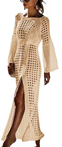 FSMO Damen Langarm Strandkleid Gestrickte Schlitz Bikini Cover Up Strandponcho Sommer Lange Kaftan Maxikleid (Einheitsgröße, Aprikose)