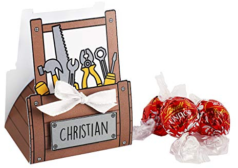 Herz & Heim® Handwerker-Geschenk gebastelter Werkzeugkasten mit 3 Lindt Lindor Kugeln mit Wunschnamen personalisiert