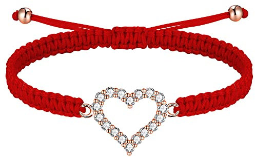 J.Endéar Multicolore Bracelet Coeur pour Femme 925 Argent Sterling Plaqué Or Rose Bracelet Tressé Fait Main avec Chaîne Réglable Corde Fil Bracelet avec Coeur, Rouge