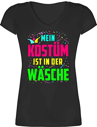 T-Shirt Damen V Ausschnitt - & Fasching - Konfetti im Herzen Herzschlag I Köln Karneval - M - Schwarz - Shirt faschingsshirt Faschings Regenbogenfarben Shirts Tshirt karnevalsshirts Karnevals