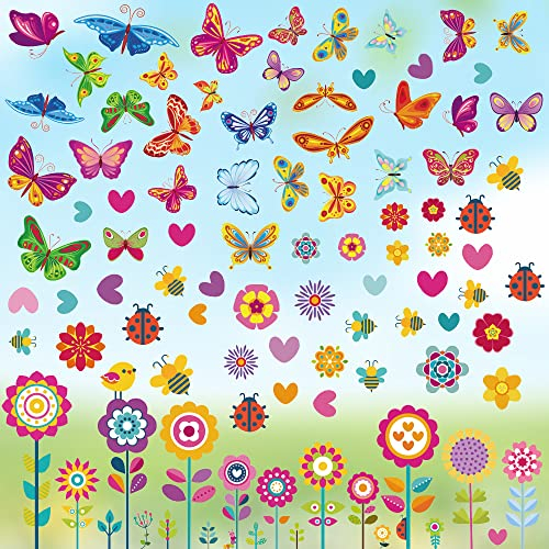 9 Blätter Fensterdekoration Schmetterling Fenstersticker, Fensterbilder Frühling, Glassticker Selbsthaftend, Fensterbilder Blumen Wiederverwendbar, Window Sticker Flowers