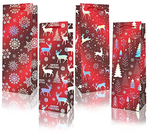 Wine Bottle Bags 12 Pack, Cardboard Foil Printing Process Wine Gift Bags for Whiskey Spirits Retail Bags with Handle for Christmas Party House Warming Birthday Anniversary Gifting, Single-Bottle Bag