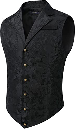 HISDERN Herren Paisley Formelle Weste Schwarz Bedruckt Gothic Steampunk Vintage Revers Weste für Hochzeit Party Smoking (Schwarz, L)