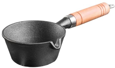 Milk Pan Cast Iron Saucepan, Pre- Seasoned Basting Pot, Nonstick Sauce Pot, Kitchen Cheese Butter Melting Pot with Wood Handle for Oil Milk Candy Chocolate, 28X11X6cm