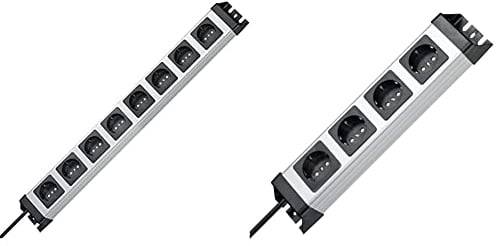 Kopp 226920014 Powerversal Steckdosenleiste, 8-Fach, IP 20, Grau, Schwarz & Powerversal Steckdosenleiste 4-Fach, 1,40 m Zuleitung, 3600W/16A, 90° gedrehte Anschlüsse, mit Schutzkontakt, Silber-Schwarz