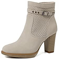 QUEEN HELENA Tronchetti Traforati Stivaletti con Tacco Bassi Zip Laterale con Plateau Donna X28-107 Beige 39