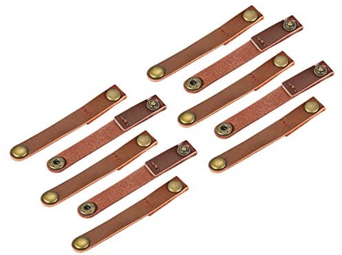 Sourcing Map Pack of 10 Leather Cable Straps Cord Organizer 90x12mm Portable Cable Leather Clips Light Brown Earphone Cord Management