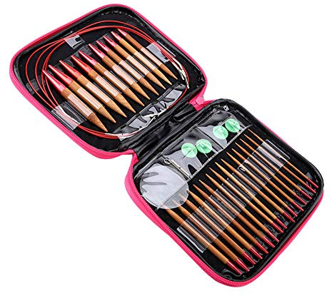 Tbest Stricknadeln Set, Austauschbare Rundstricknadeln aus Bambus und Aluminium, Kohlensäurehaltig, mit PU-Tasche und verschiedenen Nadelgrößen für Pullover und Schals