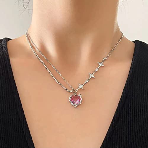 TseenYi Lila Kristall Herz Halskette Liebe Herz Anhänger Halskette Silber Cz Stern Halskette Glanz Amethyst Kristall Kette Halskette Punk Edelstein Geschichteten Kettenschmuck Für Frauen Und Mädchen
