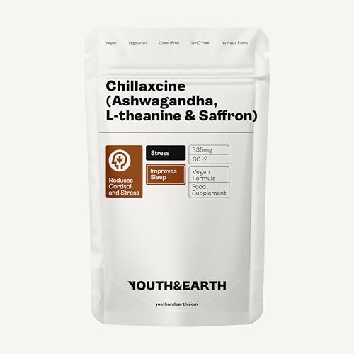 Youth & Earth CHILLAXCINE Supplement - 335mg Ashwagandha High Strength, L theanine & Saffron Supplement for Anxiety Relief, Better Sleep & Chronic Stress Support | 60 Capsules