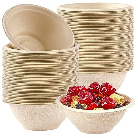 100Pcs Strong Disposable Paper Bowls, 8oz 220ml Brown Super Rigid Biodegradable and Compostable Bowls for Party, Soup, Dessert