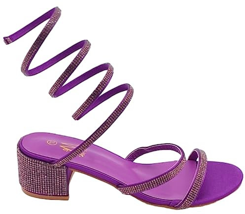 Sandali Donna Viola con Strass Tacco Largo Basso 4 cm Serpente Rigido Che Si attorciglia alla Gamba Regolabile Open Toe (38 EU)