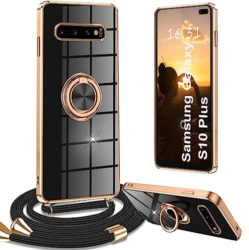 Yutwo Handykette Samsung Galaxy S10 Plus Hülle mit Band, Handyhülle Samsung Galaxy S10 Plus mit Band Kette Ständer Stoßfeste Schutzhülle Samsung Galaxy S10 Plus mit Band, Schwarz
