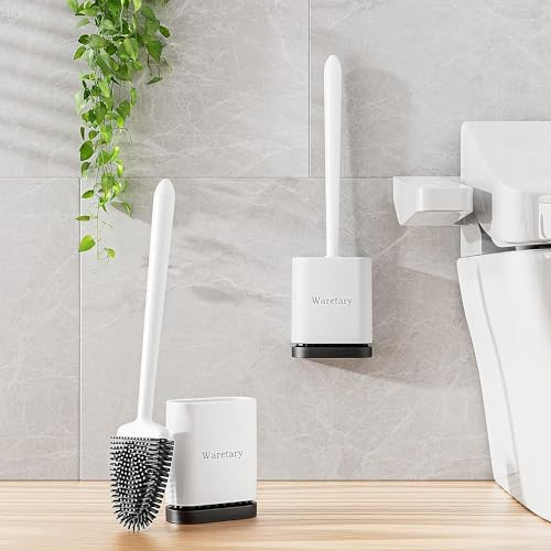 Waretary 2 Pack Klobürste Silikon,WC Bürste & Klobürstenhalter, Flexibler Bürstenkopf für Tiefenreinigung, Schnell trocknende Toilettenbürste Wandmontage & Stehend für Badezimmer (Weiß)