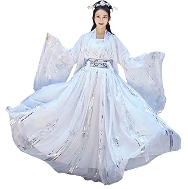 UPCOT Hanfu Frauen alte chinesische traditionelle Hanfu weißes Kleid Fee Cosplay Kostüm Prinzessin Fancy Kleid Halloween Weihnachtsfeier-Set (Color : White, Größe : S)