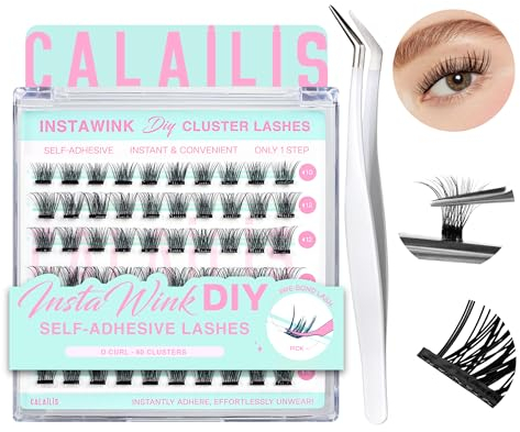 CALAILIS Selbstklebende Wimpern 60 Stück D Curl Druck auf Kein Kleber erforderlich Einzeln Wimpern Vorgeklebt Wiederverwendbares Kleberfreies Wimpern-Cluster-Set mit Pinzette für Anfänger (03,10-16)