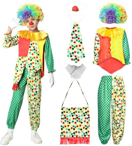 JONRRYIN Clown Kostüm Kinder Set, Clown Kostümzubehör Clown Kleidung Clown Perücke, Clown Kostüm für Zirkus Requisiten, Clown Nase, Clowntasche, Karneval Kostüm Cosplay -S, Farbe