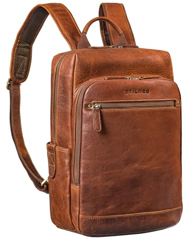 STILORD 'Yuki' Sac à Dos d'affaires Cuir pour Hommes Vintage Backpack pour MacBook 13,3 pouces Sac pour Ordinateur Portable Cuir Véritable, Couleur:kara - cognac