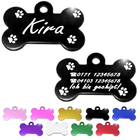 Ibera gifts - Hundemarke mit Gravur und personalisierte Hundemarke in Knochenform für mittelgroße bis große Hunde und Katzen (Schwarz, Pfoten)