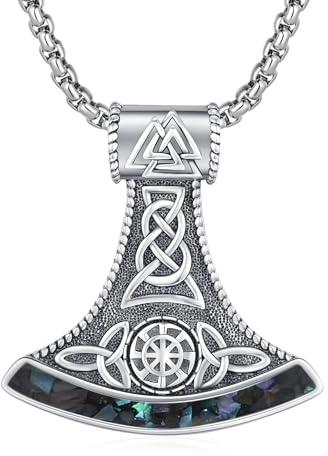 REDSUN Wikinger Axt Anhänger Halskette 925 Sterling Silber Viking Keltischer Knoten kette Abalone-Muschelfragmente Nordische Mythologie Wikinger Schmuck Geschenke für Männer Damen