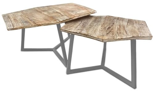 Amago home Couchtisch Set 2 Stück Wohnzimmer Beistelltisch Satztisch Gestell Metall Tischplatte vollmassiv Farbe Altsilber - weiß gekälkt